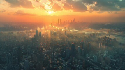 Obraz premium A cyberpunk-style futuristic city, captured from a droneâ€™s aerial perspective, distant view, daytime, panoramic high-definition scene, landscape composition