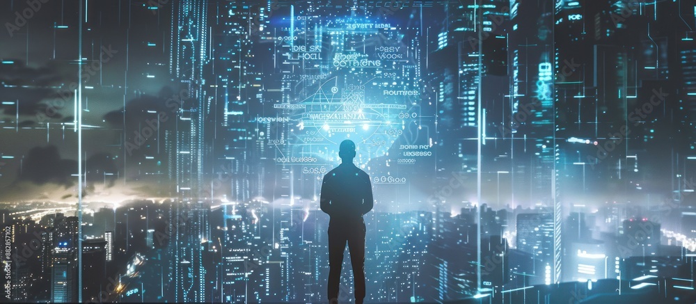 Wall mural Silhouette of a Man in a Futuristic City