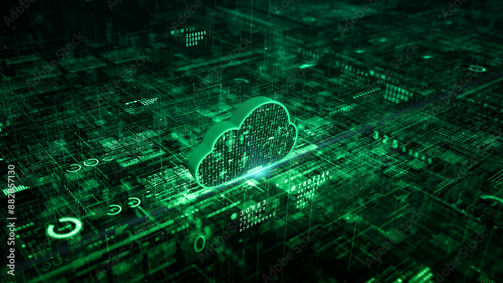 Aufkleber Technology cloud computing transfers databases to the cloud. Digital data storage and backup, Technology digital data background with cloud icon, Digital cyberspace abstract background 3d Rendering