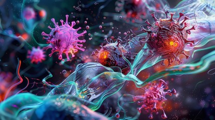 Obraz premium A dramatic scene of a virus entering the cell through endocytosis, with the cell membrane wrapping around the virus, detailed and vibrant colors, microscopic view, digital art, 