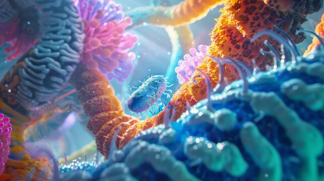 A highly detailed, colorful 3D rendering of a motor protein (kinesin) walking along a microtubule inside a human cell, carrying a vesicle filled with cellular cargo, with the intricate structure of th