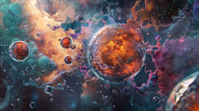 A visualization of cellular apoptosis (programmed cell death), showing the cell breaking apart into apoptotic bodies, with neighboring cells engulfing these fragments, highly detailed and colorful, di