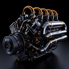 Powerful black and gold engine with intricate details.