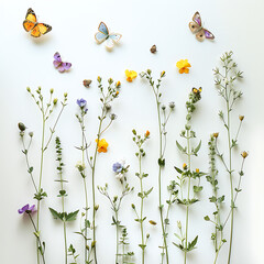 Poppies and butterfly on white background. Flat lay, top view