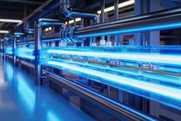 Fototapeta premium Industrial piping system with glowing blue lights.