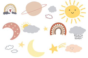 Boho set with weather including sun, moon, clouds, rain, stars, planet and rainbow.  Hand-drawn collection in Scandinavian Bohemian style 