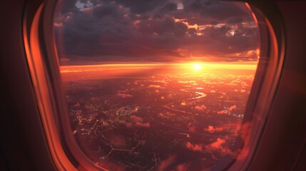Fototapeta premium Breathtaking view of town and cloudless sundown sky behind window of aircraft during flight. 