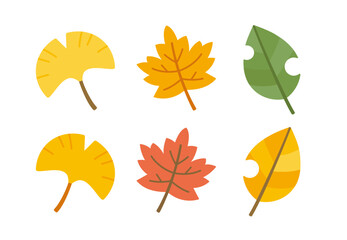 シンプルでかわいい紅葉のイラスト素材セット。イチョウやカエデなど、秋の木の葉。