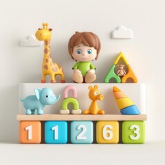 Fototapeta premium Colorful toy figures and blocks on a shelf with numbered cubes.