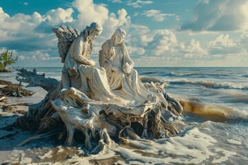 Fototapeta premium A beachside sculpture contest using driftwood, themed around family and holidays