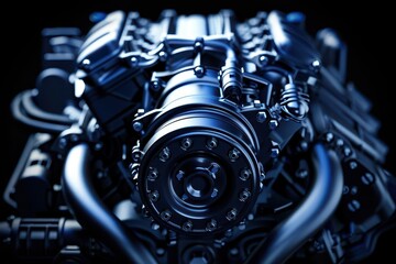 Obraz premium Close-up of a powerful car engine with shiny chrome parts.