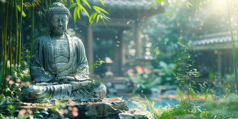 Buddha monument in green dense jungle, Hindu religious symbol. Asia sculpture tourist cultural statue.