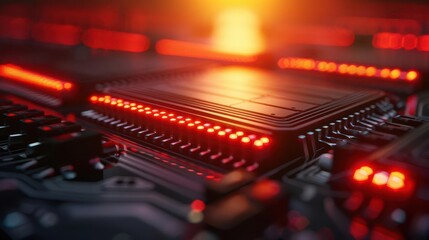 Close-up of a circuit board with red LED lights glowing.