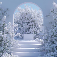 Bright Circular Podium with White Floral Accents, Capturing Freshness for Product Display