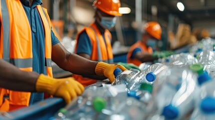 Factory workers sorting plastic bottles on a conveyor belt.
