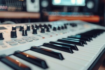 Close-up of a synthesizer keyboard in a music studio.