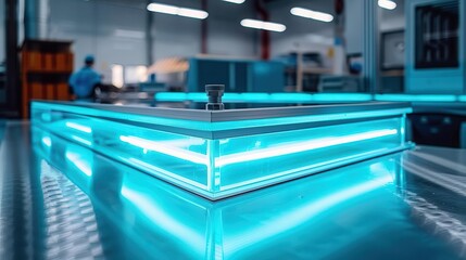 Close-up of a blue LED light fixture in a modern factory setting.
