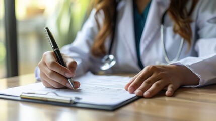 Close-up of a professional female doctor wearing a uniform taking notes in a journal, physician therapist practitioner filling medical documents, clipboard, patient form, illness history, prescription