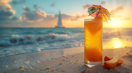 Obraz premium A close-up of a tropical cocktail with a colorful umbrella and fresh fruits, placed on a sandy beach.