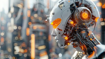 Fototapeta premium A 3D render of a humanoid robot with a white helmet and glowing orange lights