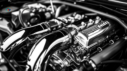 Close-up of a powerful car engine, showcasing intricate mechanical details.