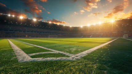 Vivid imagery of a floodlit football stadium at sunset, showcasing an empty field ready for action. Captured at the perfect moment.