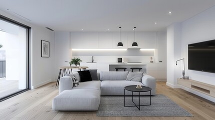 Modern living room interior with white walls, a grey sectional sofa, and a wooden floor