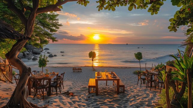 A picturesque image of a beachside restaurant with vibrant sunset colors reflecting on the ocean waves.