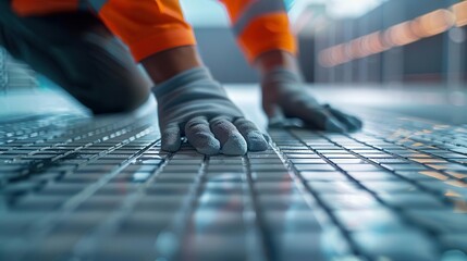 Fototapeta premium dynamic closeup portrait of a worker carefully laying new tiles
