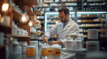 Fototapeta premium Pharmacist Organizing Medicine Bottles in Modern Pharmacy with Shelves Full of Pharmaceutical Products