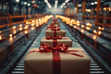 Closeup of cristmas gift box packages seamlessly moving along a conveyor belt in a warehouse. Cardboard, Gift, Christmas light concept, Generative AI