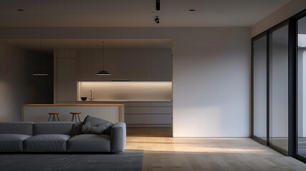 Modern living room with gray sofa and minimalist kitchen in the background.