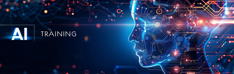 Futuristic illustration of artificial intelligence training, featuring a digital human face composed of intricate circuitry and data patterns