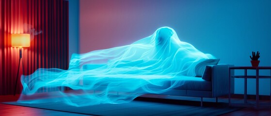 Photorealistic a userdriven supernatural livestream, ghostly holograms, modern living room, dim lighting, detailed, futuristic, interactive experience