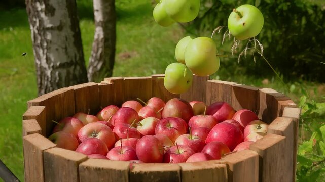 Ripe delicious red apples are falling into the wooden barell outdoors on the background of green lawn. High quality 4k footage