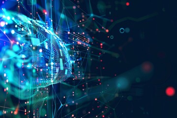 A blue and green sphere made of connected dots and lines glows in the center of the image, surrounded by a network of light and data.