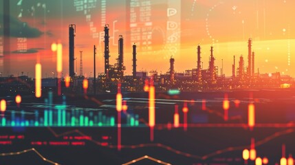 Evening Silhouette: Refinery and Financial Report Overlay