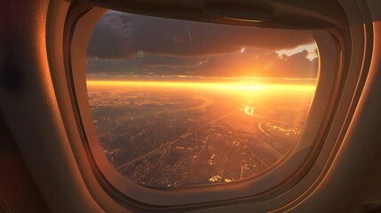 Breathtaking view of town and cloudless sundown sky behind window of aircraft during flight. 