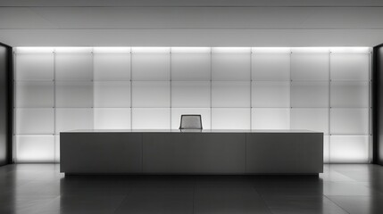 Modern minimalist office reception desk with white tile wall.