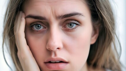Fototapeta premium Close-up of young woman face with anxious and frustrated emotion, anxiety disorder, physical and emotional symptoms like worry, irritability, or sleep difficulties