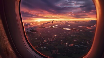 Fototapeta premium Breathtaking view of town and cloudless sundown sky behind window of aircraft during flight. 