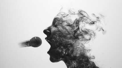 Fototapeta premium Abstract portrait of a singer with smoke-like hair, holding a microphone