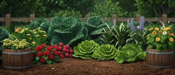 A thriving smallscale horticulture garden, showcasing interconnected plant beds filled with a variety of vibrant flowers and vegetables