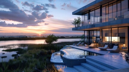 Fototapeta premium A modern house with large glass windows, white walls and a black roof. A wooden deck terrace is in front of the entrance, with an outdoor dining area near the swimming pool