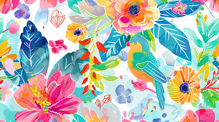 Obraz premium 南国リゾート風の鳥と熱帯植物のカラフルなイラスト