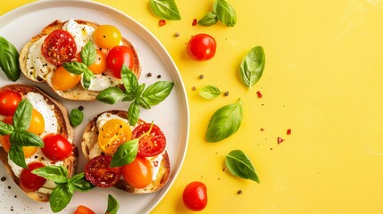 Bright yellow background featuring a minimalist platter with gourmet bruschetta topped with cherry tomatoes, basil, and mozzarella