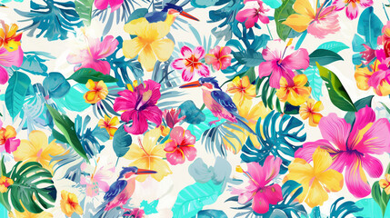 南国リゾート風の鳥と熱帯植物のカラフルなイラスト