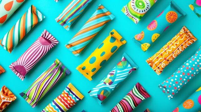 Bright teal backdrop showcasing assorted candy bars wrapped in vibrant, geometric-patterned wrappers