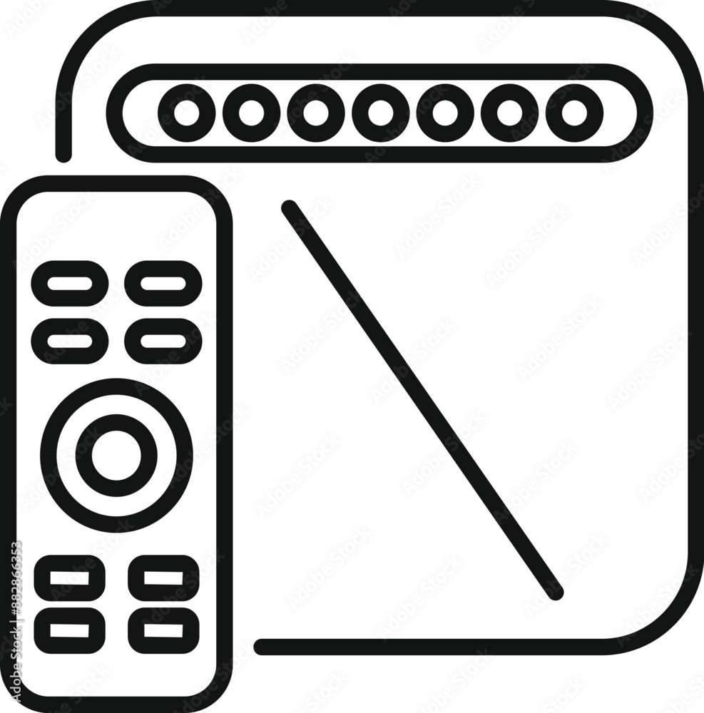 Sticker Line art icon of a remote control changing channels on a television with a diagonal line on the screen