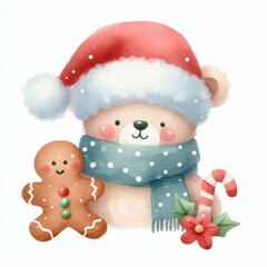 Cute bear wearing Santa hat and scarf, holding gingerbread man, surrounded by festive Christmas decorations.